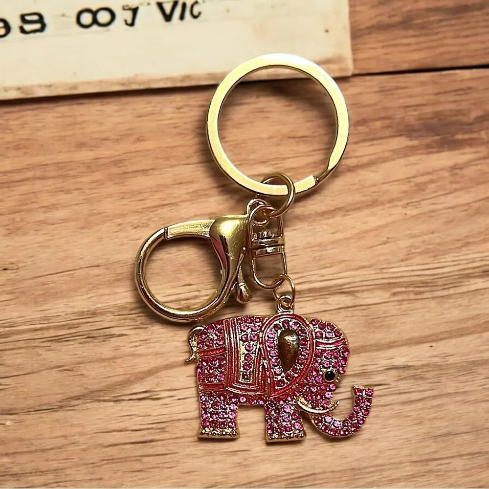 Pink Rhinestone Good Luck Elephant Gold Tone Keychain/Bag Charm